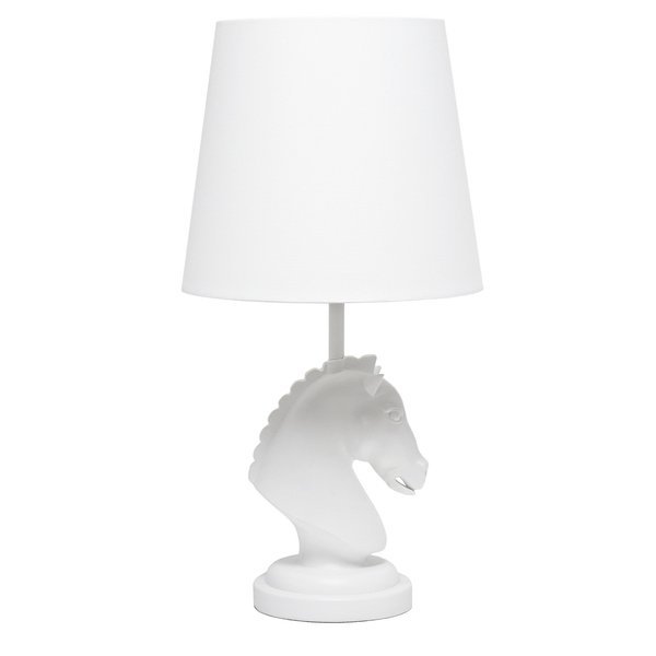 1725 Polyresin Decorative Chess Horse Shaped Bedside Table Lamp with White Tapered Shade, White, Simple Designs, Mfr#: LT1089-WHT